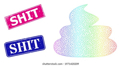 Rainbow colored network shit, and Shit textured framed rectangle stamp seals. Pink and blue rectangle stamp seals have Shit tag. Vector model based on shit icon. Bright frame polygonal icon.