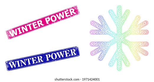 Rainbow colored network snow flake, and Winter Power corroded framed rectangle watermarks. Pink and blue rectangle seals contain Winter Power title. Vector model created from snow flake icon.