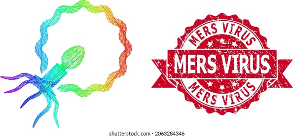 Rainbow colored network virus penetrating cell, and Mers Virus textured ribbon stamp seal. Red stamp has Mers Virus text inside ribbon.