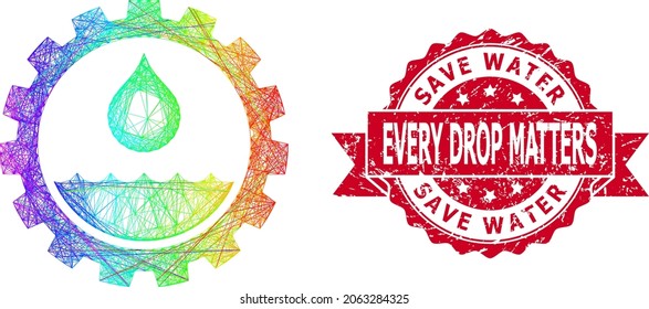 Rainbow colored network water service, and Save Water Every Drop Matters corroded ribbon stamp seal. Red stamp seal contains Save Water Every Drop Matters caption inside ribbon.