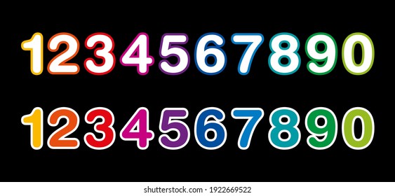 Rainbow colored numbers from one to zero, on a black background. Two rows of ten colorful numerals, bold, rounded and with a thin line at the edge. Isolated illustration. Vector.