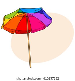 Rainbow colored, open beach umbrella, sketch style vector illustration with place for text. Hand drawn beach umbrella, symbol of summer vacation in tropical countries