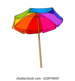 Rainbow colored, open beach umbrella, sketch style vector illustration isolated on white background. Hand drawn beach umbrella, symbol of summer vacation in tropical countries