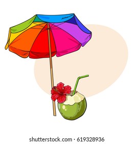 Rainbow colored, open beach umbrella and coconut cocktail, drink, sketch vector illustration with space for text. Hand drawn beach umbrella and coconut drink, symbol of summer vacation