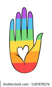 Rainbow colored open hand raised up. Gay Pride. LGBT concept. Realistic style vector colorful illustration of painted human palm. Sticker, patch, t-shirt print, logo design.