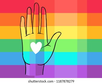 Rainbow colored open hand raised up. Gay Pride. LGBT concept. Realistic style vector colorful illustration of painted human palm. Sticker, patch, t-shirt print, logo design.