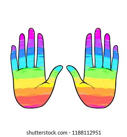 Rainbow colored open hand raised up. Gay Pride. LGBT concept. Realistic style vector colorful illustration of painted human palm. Sticker, patch, t-shirt print, logo design.