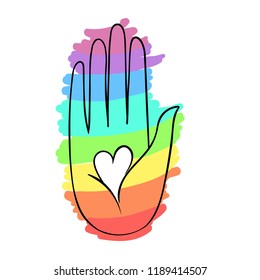 Rainbow colored open hand raised up. Gay Pride. LGBT concept. Realistic style vector colorful illustration of painted human palm. Sticker, patch, t-shirt print, logo design.