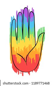 Rainbow colored open hand raised up. Gay Pride. LGBT concept. Realistic style vector colorful illustration of painted human palm. Sticker, patch, t-shirt print, logo design.