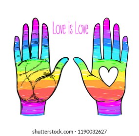 Rainbow colored open hand raised up. Gay Pride. LGBT concept. Realistic style vector colorful illustration of painted human palm. Sticker, patch, t-shirt print, logo design.