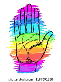 Rainbow colored open hand raised up. Gay Pride. LGBT concept. Realistic style vector colorful illustration of painted human palm. Sticker, patch, t-shirt print, logo design.