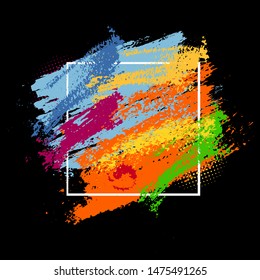 Rainbow colored paint stains on a black background. Grunge frame of paint. Vector illustration.