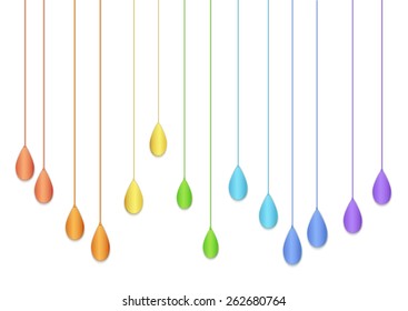 Rainbow colored paper drops hanging with the threads on the white background, rainbow rain.
