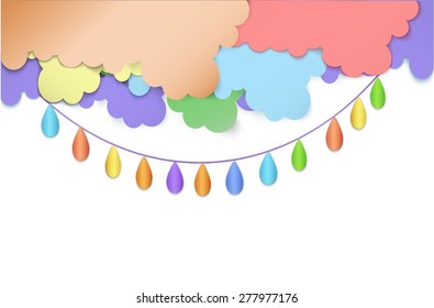 Rainbow colored paper drops hanging on the thread from the paper colored cloud, rainbow rain, white background.