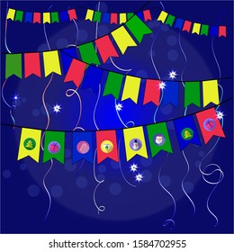 Rainbow Colored Paper Flags and Lights Hang across the room.