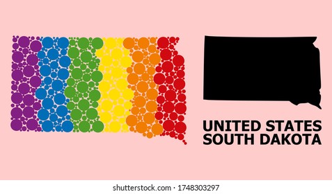 Rainbow colored pattern vector map of South Dakota State for LGBT, and black version. Geographic concept map of South Dakota State is combined from randomized round spheric dots.