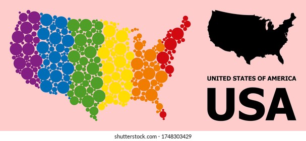 Rainbow colored pattern vector map of USA for LGBT, and black version. Geographic concept map of USA is organized from randomized round spheric spots.