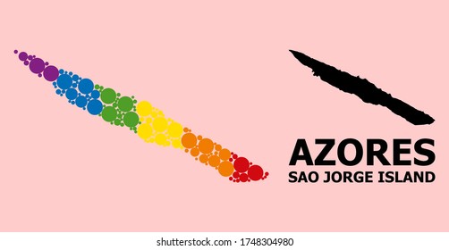 Rainbow colored pattern vector map of Sao Jorge Island for LGBT, and black version. Geographic concept map of Sao Jorge Island is composed from random round spheric dots.