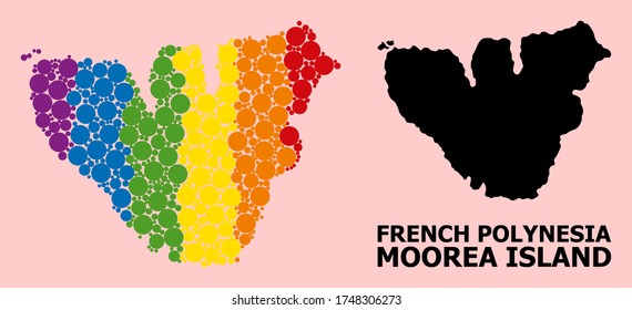 Rainbow colored pattern vector map of Moorea Island for LGBT, and black version. Geographic concept map of Moorea Island is combined with randomized circle elements.