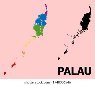 Rainbow colored pattern vector map of Palau Islands for LGBT, and black version. Geographic concept map of Palau Islands is organized with random circle dots.