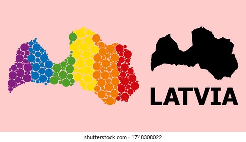 Rainbow colored pattern vector map of Latvia for LGBT, and black version. Geographic concept map of Latvia is composed with random round spheric elements.