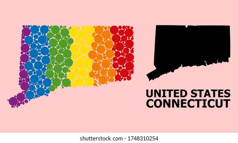 Rainbow colored pattern vector map of Connecticut State for LGBT, and black version. Geographic collage map of Connecticut State is designed with random circle dots.
