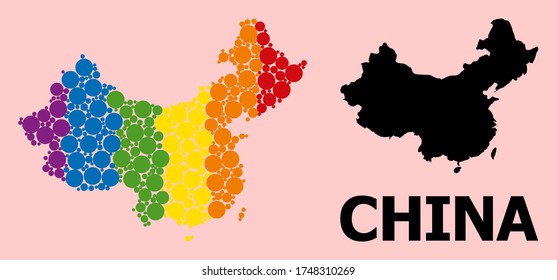 Rainbow colored pattern vector map of China for LGBT, and black version. Geographic concept map of China is composed from randomized circle dots.