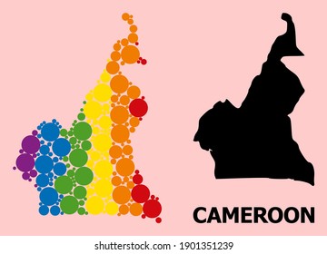 Rainbow colored pattern vector map of Cameroon for LGBT, and black version. Geographic concept map of Cameroon is done from random round spheric dots.