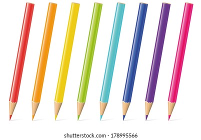 Rainbow colored pencils vector illustration. Set of eight pencils in rainbow colors.