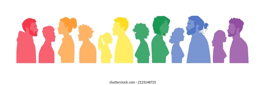 Rainbow colored people in crowd, isolated lgbt community and support. Vector man and woman personages, lesbians and homosexuals, queer and transgender. Parade or rights pride. Flat cartoon character