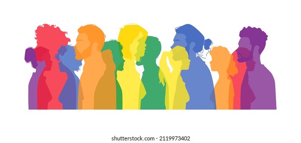 Rainbow colored people walking symbol of LGBT society isolated silhouette set. Vector male and female personages leading lesbian or homosexual lifestyle, transgender community flat cartoon characters