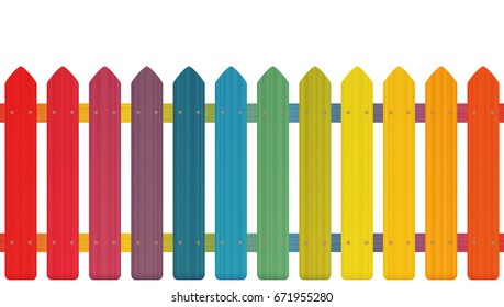 Rainbow Colored Picket Fence With Wooden Texture, Seamless Extendable To Endless Pattern - Isolated Vector Illustration On White Background.