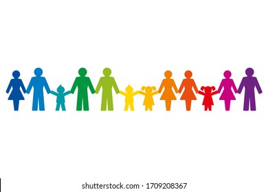 Rainbow colored pictograms of people holding hands, standing in a row. Abstract symbols of connected people, expressing friendship, love and harmony. We are one world. Illustration over white. Vector.