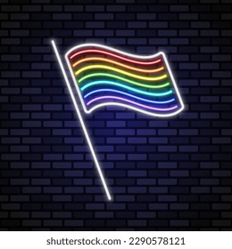 Rainbow colored pride flag. Neon sign on dark brick wall. Vector illustration in colors of the LGBT community. Best for prints, posters, cards, stickers and web design.