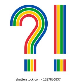 rainbow colored question and exclamation signs isolated on white, vector illustration