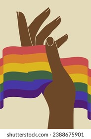 Rainbow colored raised hand illustration poster. LGBT concept.