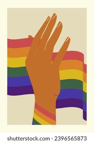 Rainbow colored raised hand illustration poster. LGBT concept.