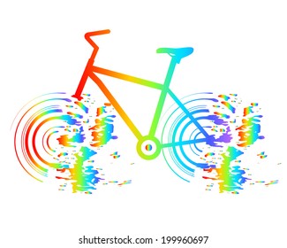 rainbow colored riding bicycle isolated on white background, abstract drawing