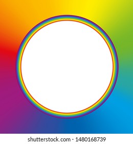 Rainbow colored round frame with colorful rainbow gradient background and white blank center. Vector illustration.
