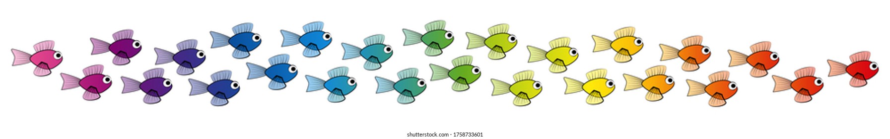 Rainbow Colored School Of Fish, Gradient Color Spectrum, Isolated Vector Comic Illustration On White Background.
