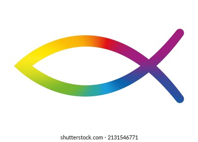 Rainbow colored sign of the fish symbol. Jesus fish, symbol of Christian art, consisting of 2 intersecting arcs, also called ichthys or ichthus, the Greek word for fish. Isolated illustration. Vector.