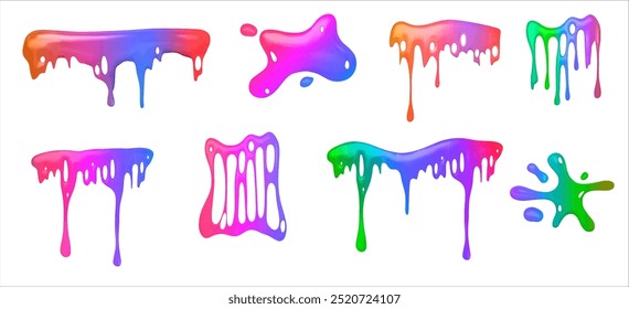 Goteo de mucosidad de limo de color arcoiris. Conjunto realista de Ilustración vectorial 3D de gota y salpicaduras tóxicas líquidas pegajosas para el diseño de Halloween. Goteo de líquido multicolor veneno buena mancha con salpicaduras.