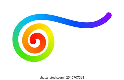 Rainbow colored spiral line isolated on white background. Cool colorful squiggle in spline style. Organic doodle figure with spectrum gradient effect. Vector illustration.