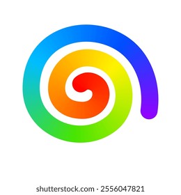 Rainbow colored spiral line isolated on white background. Cool colorful curl shape. Multicolored helix form. Organic doodle figure with gradient effect. Vector illustration.