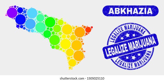Rainbow colored spotted Abkhazia map and watermarks. Blue round Legalize Marijuana scratched seal stamp. Gradient spectral Abkhazia map mosaic of randomized round spots.
