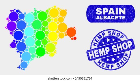 Rainbow colored spotted Albacete Province map and watermarks. Blue round Hemp Shop scratched watermark. Gradient rainbow colored Albacete Province map mosaic of randomized round dots.