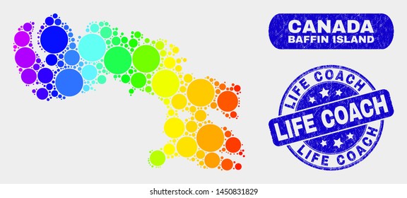 Rainbow colored spotted Baffin Island map and seal stamps. Blue round Life Coach scratched stamp. Gradiented rainbow colored Baffin Island map mosaic of randomized small spheres.