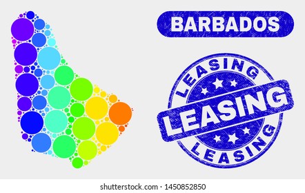 Rainbow colored spotted Barbados map and seal stamps. Blue rounded Leasing grunge seal stamp. Gradiented spectrum Barbados map mosaic of randomized round spots.
