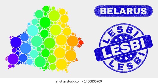 Rainbow colored spotted Belarus map and rubber prints. Blue round Lesbi grunge seal. Gradiented rainbow colored Belarus map mosaic of random small spheres. Lesbi watermark with rubber surface.