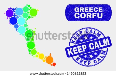 Rainbow colored spotted Corfu Island map and seal stamps. Blue round Keep Calm scratched watermark. Gradient rainbow colored Corfu Island map mosaic of scattered round spots.